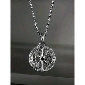 Mens Stainless Steel Compass Pendant Necklace 24 Inch Chain